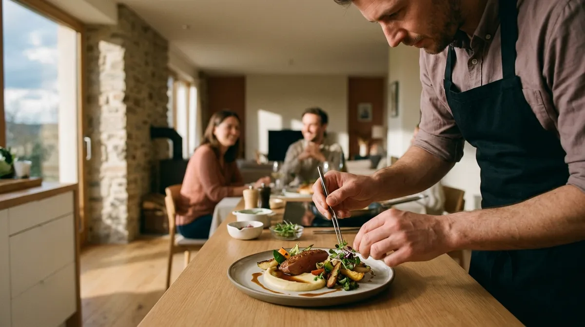 Chef à domicile dressant une assiette chez un particulier
